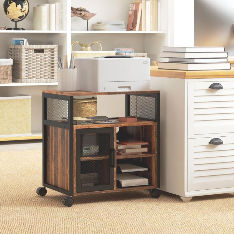 Rustic brown printer stand cabinet with black mesh doors, open storage, and caster wheels