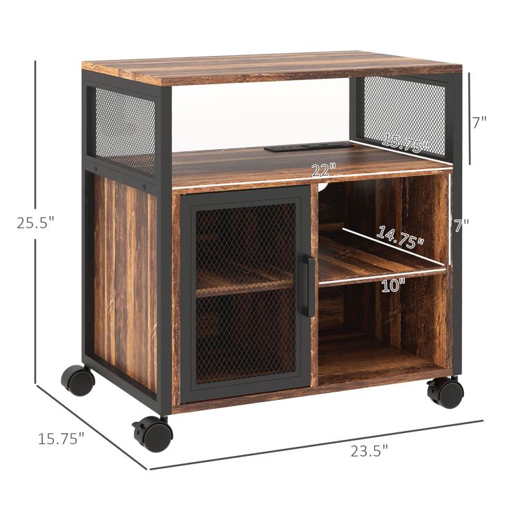 Rustic brown printer stand with black mesh doors and open storage compartments on wheels
