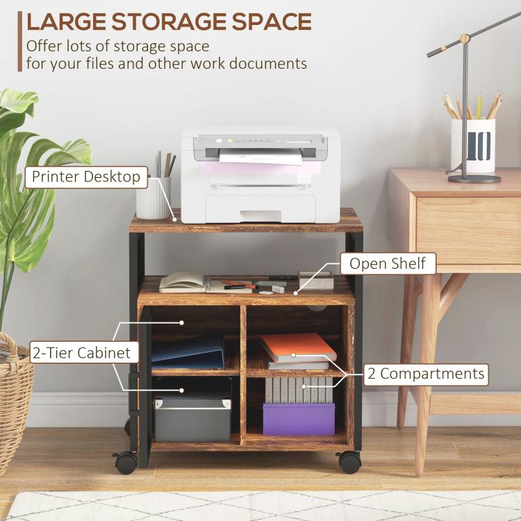 Rustic brown printer stand with open shelf, two compartments, and rolling caster wheels