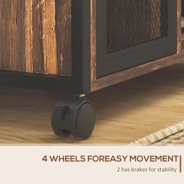 Rustic brown printer stand on four caster wheels with two wheel brakes for stability