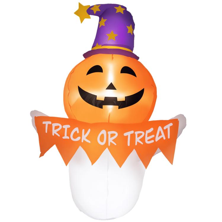 Inflatable Halloween ghost with pumpkin face and purple hat, orange “Trick or Treat” banner