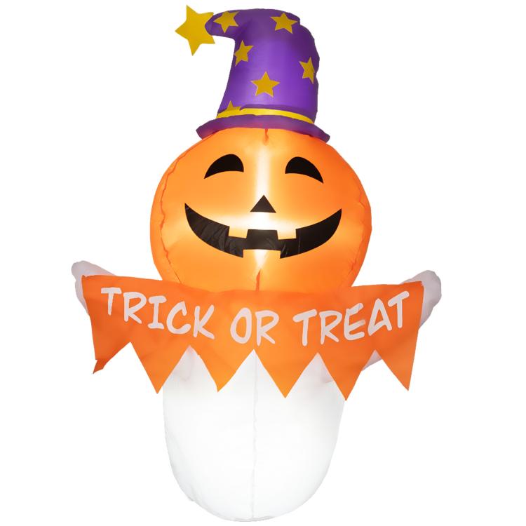 Inflatable Halloween pumpkin ghost with purple hat and "TRICK OR TREAT" banner