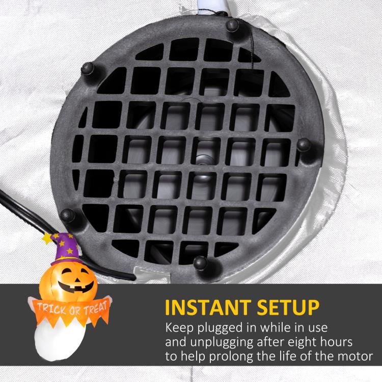 Inflatable Halloween ghost with ventilation fan detail, instant setup, keeps plugged in while running