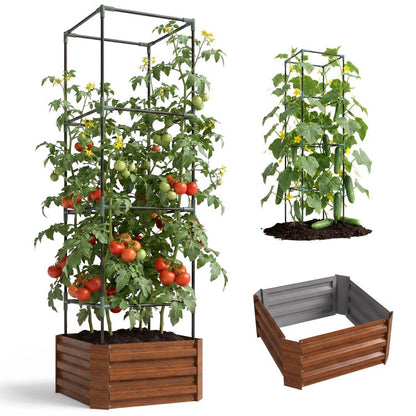 Raised garden bed with metal tomato cage, brown planter, green vines and red tomatoes