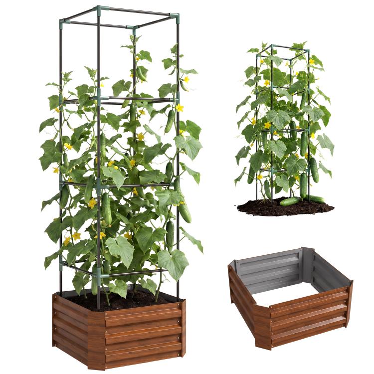 Raised garden bed with tomato cage and brown wooden planter, climbing green plants