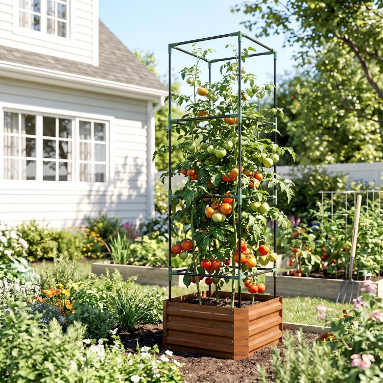 Brown raised planter box with tall green tomato cage trellis and climbing vines