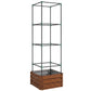 Brown raised planter box with tall green metal tomato cage trellis frame