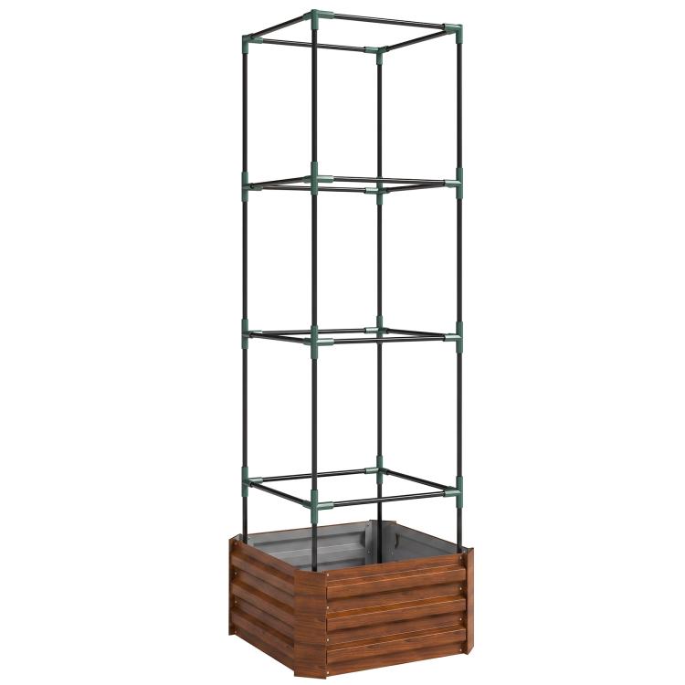 Brown raised planter box with tall green metal tomato cage trellis frame