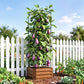 Raised garden bed with tall tomato cage, brown planter, purple eggplants on vines