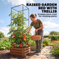 Raised garden bed with tomato cage, brown planter, woman watering climbing tomatoes