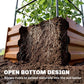 Raised garden bed open-bottom planter with soil and roots, brown wood sides