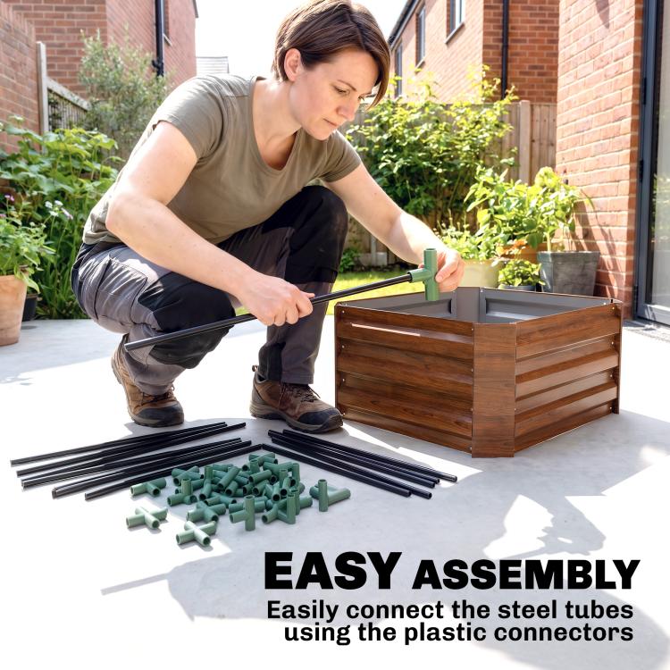 Raised garden bed with tomato cage, brown planter, included steel tubes and connectors