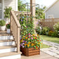 Raised garden bed with tomato cage on patio, brown planter with mixed flowers and vines