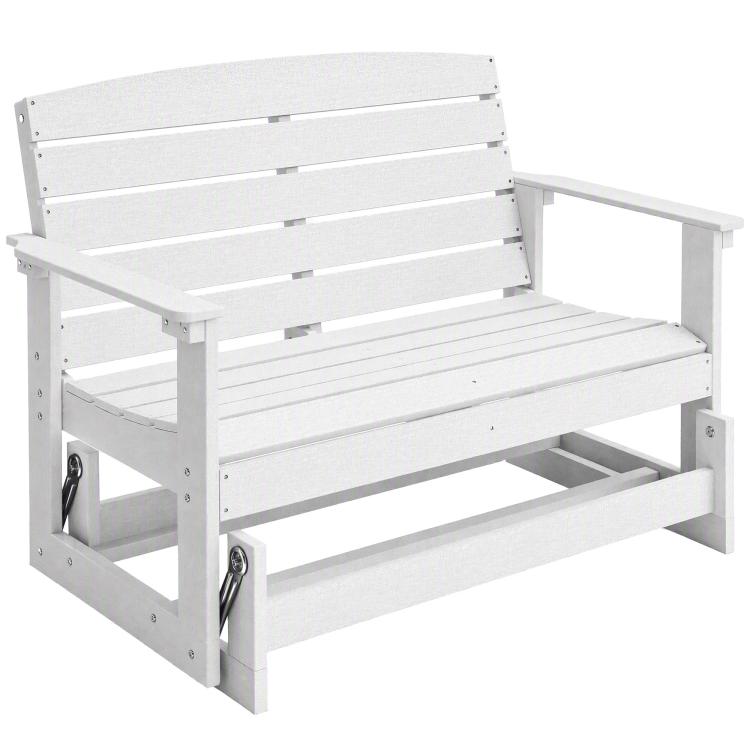 White slatted rocking bench chair with armrests and panel back