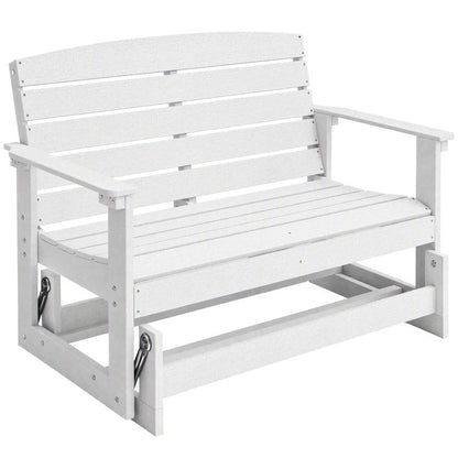 White slatted rocking bench chair with armrests and panel back