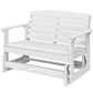 White slatted rocking bench chair with open base and armrests, side view