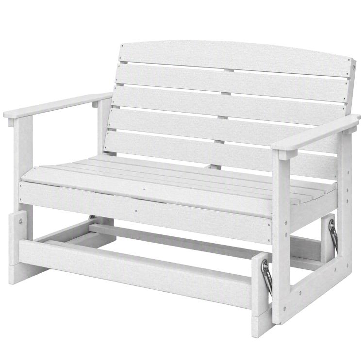 White slatted rocking bench chair with open base and armrests, side view