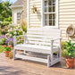 White slatted rocking bench chair with armrests on outdoor patio
