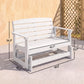 White slatted rocking bench chair with armrests showing dimension layout