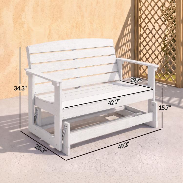 White slatted rocking bench chair with armrests showing dimension layout