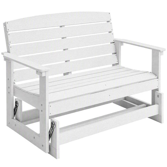 White slatted rocking bench chair with armrests and panel back