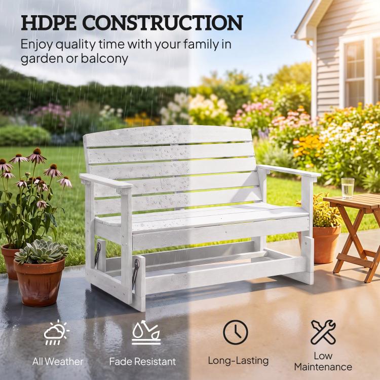White HDPE slatted rocking bench chair with all-weather feature icons