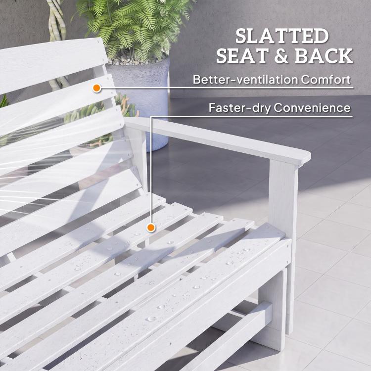 White slatted seat and back on rocking bench chair with ventilation gaps