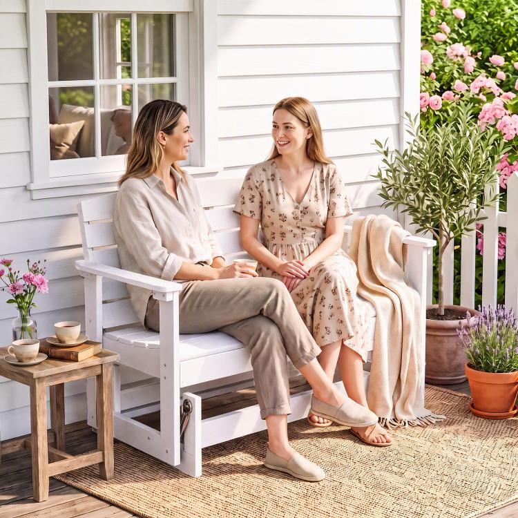 White slatted rocking bench chair with two people seated on porch