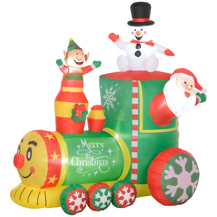 Inflatable Christmas train with Santa snowman, elf figure, and green and red car design
