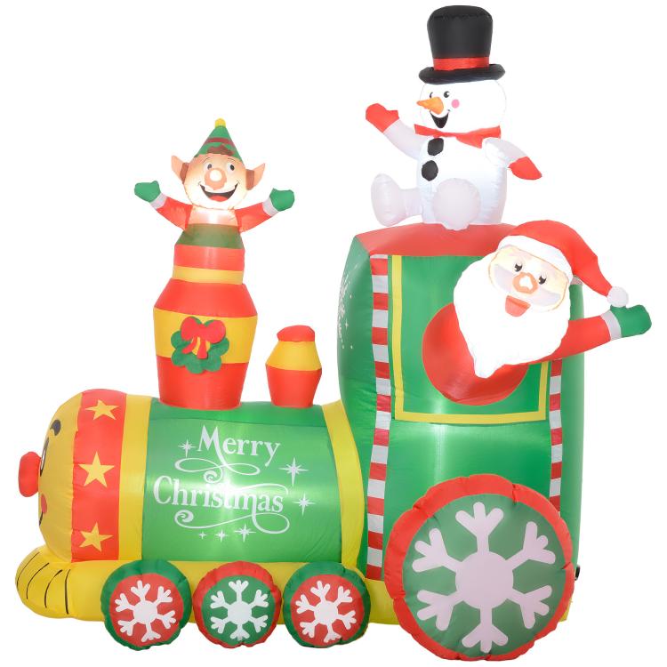 Inflatable Christmas train with Santa and snowman figures, red and green cars