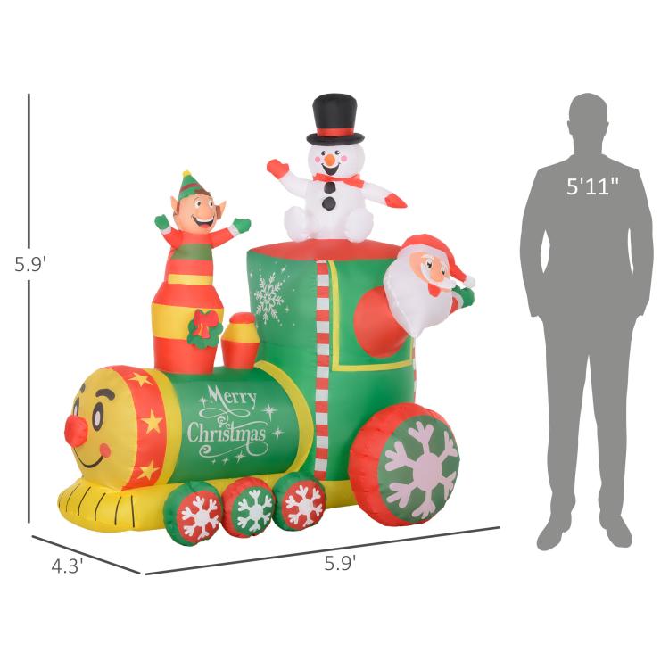 Inflatable Christmas train display with Santa snowman and elf figures, shown with size outline
