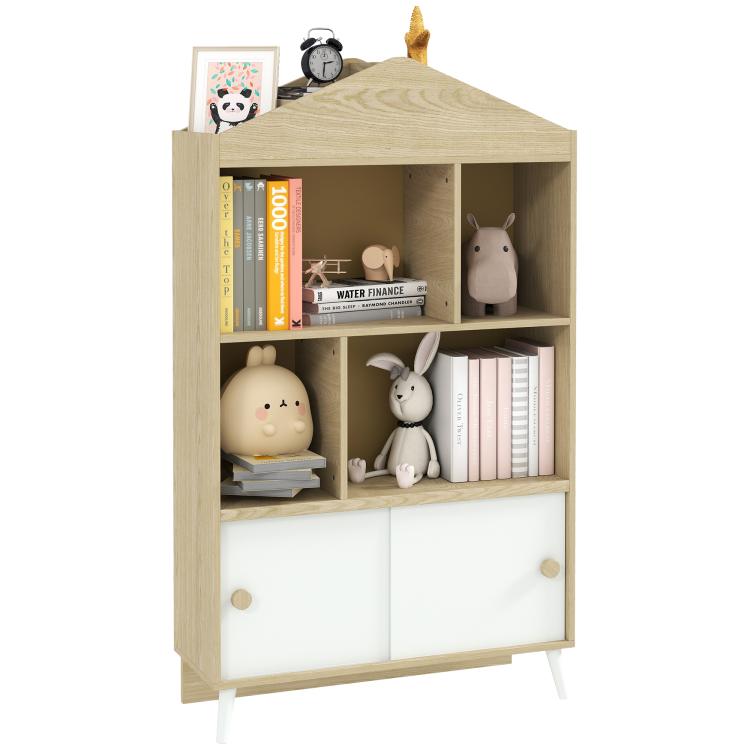 Kids toy bookshelf with open cubbies and two lower cabinet doors in light wood
