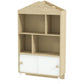 Childrens storage shelf showing open cubby compartments and two white front doors