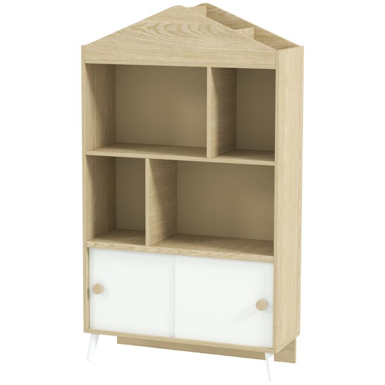 Childrens storage shelf showing open cubby compartments and two white front doors