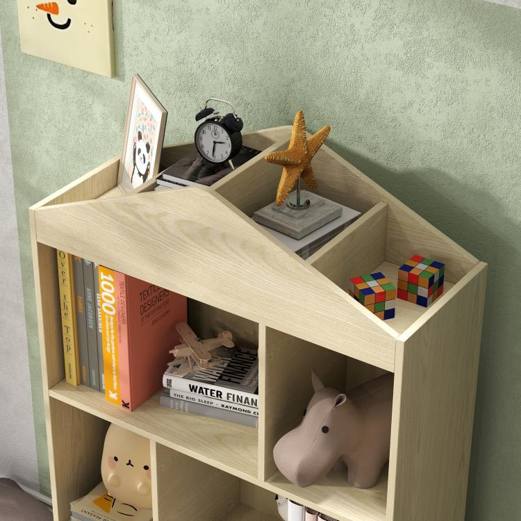 Light wood 4-cubby kids bookshelf with open cubbies for books and toys