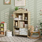 Kids book and toy shelf with open cubbies, white doors, and rounded corner design