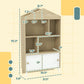 Measuring diagram of light wood kids cubby bookshelf with open shelves and cabinet doors