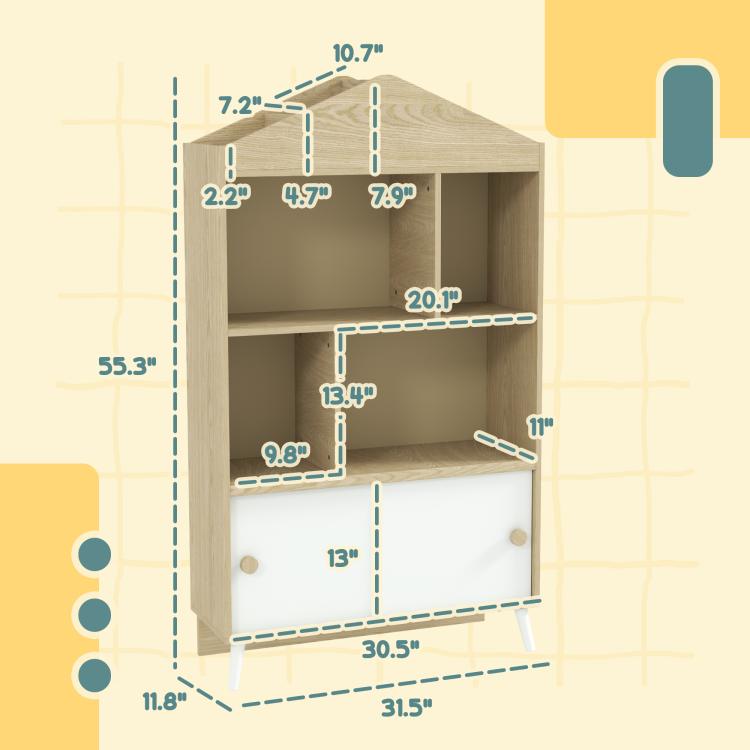 Measuring diagram of light wood kids cubby bookshelf with open shelves and cabinet doors