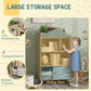 Kids storage bookshelf with top book cubbies, bottom cabinet, and sliding door view