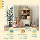 Kids bookshelf in light wood with open cubbies, two lower doors, and toy displays