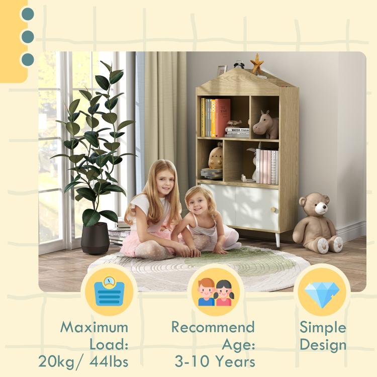 Kids bookshelf in light wood with open cubbies, two lower doors, and toy displays