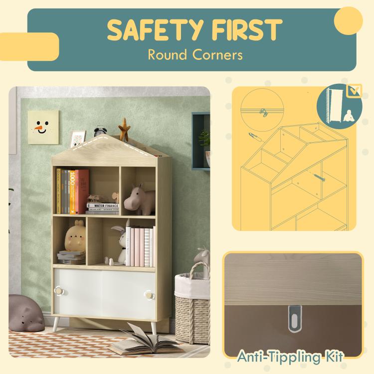Childrens safety-focused toy shelf with round corners and anti-tip kit included