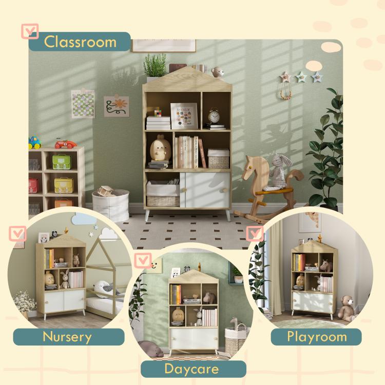 Multispace kids cubby bookshelf shown in classroom, nursery, daycare, and playroom