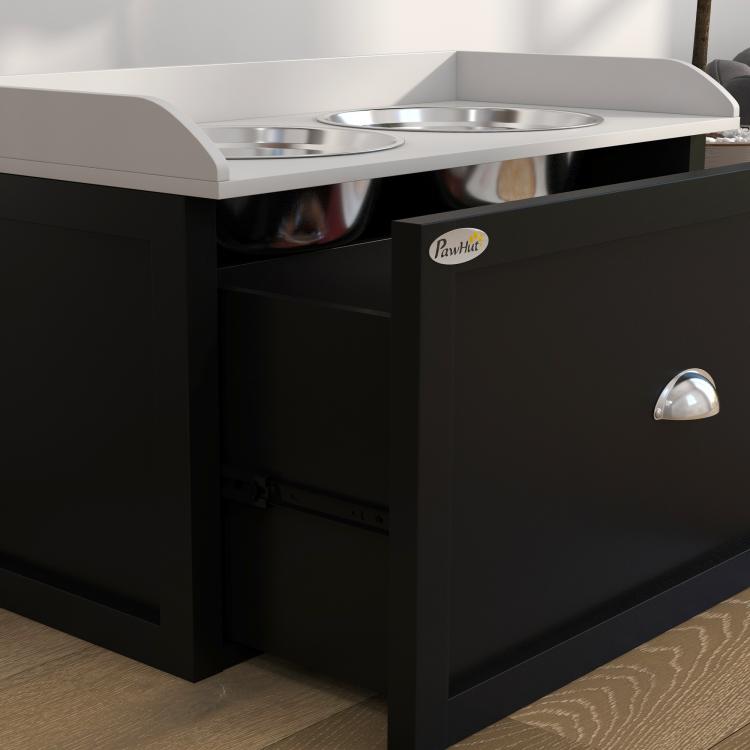 Elevated pet feeding station with two stainless bowls, black cabinet and white top