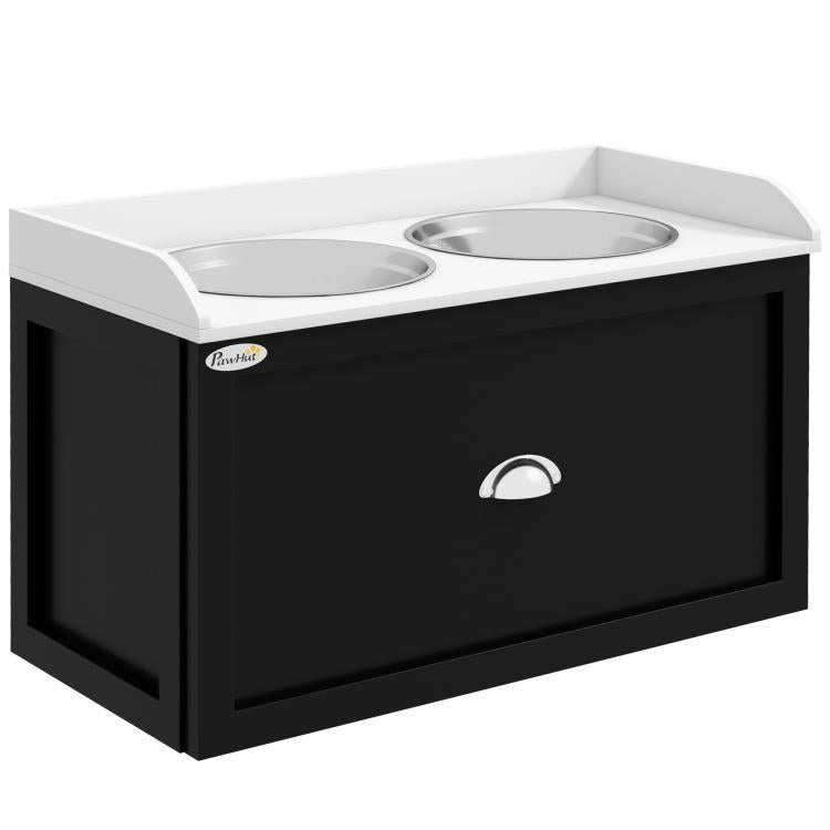 Pet feeding station with two stainless bowls on white tray, black storage cabinet