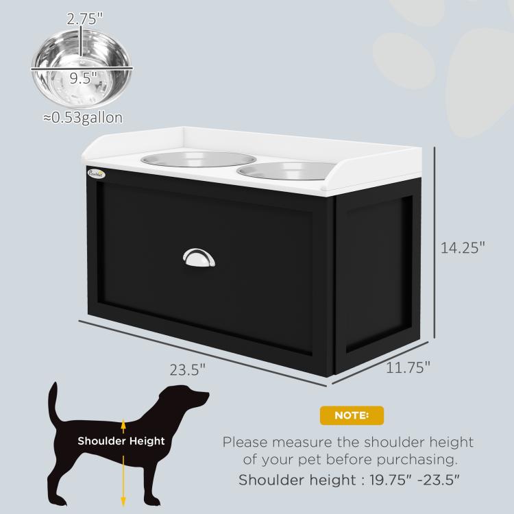 Pet feeding station with two stainless bowls and storage drawer, shown with size measurements
