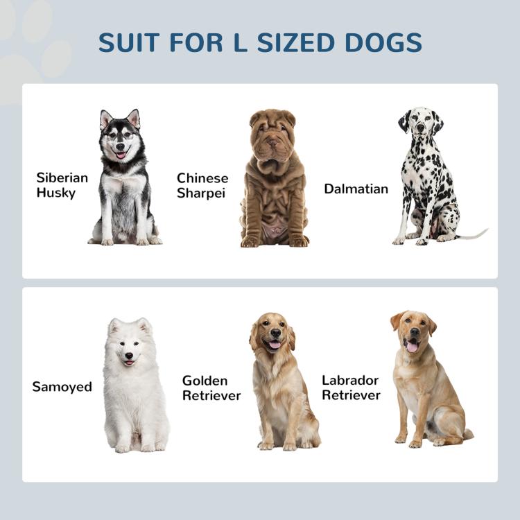 Pet feeding station with two stainless bowls and storage drawer, with dog size lineup illustration