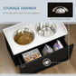 Pet feeding station with storage drawer and shell-shaped handle, two stainless steel bowls