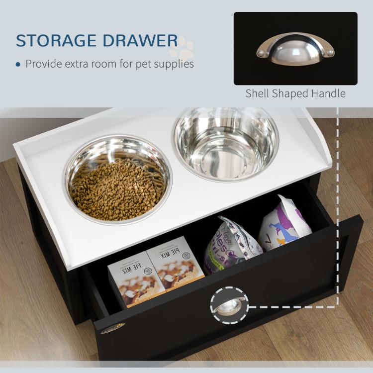 Pet feeding station with storage drawer and shell-shaped handle, two stainless steel bowls