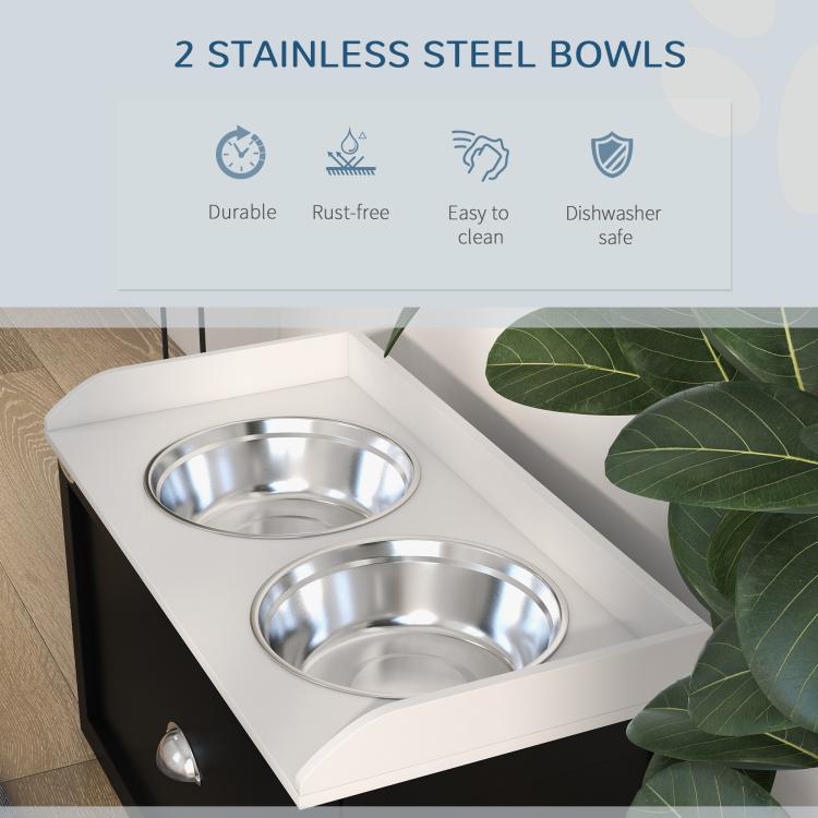 Pet feeding station with two stainless steel bowls, black base and white top insert